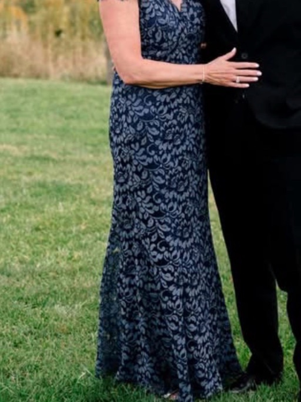 Eliza Jay Scallope Edge Lace Gown - Navy Blue Floral Lace Evening Gown
